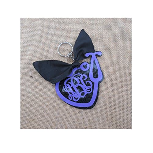 Black Glitter Stethoscope Acrylic Monogrammed Keychain with Ribbon