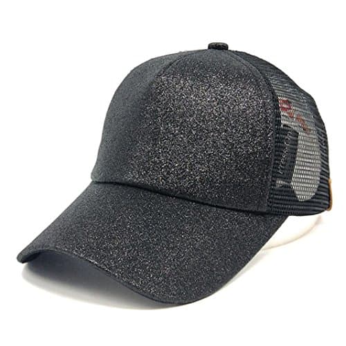 Invesfer Messy High Bun Ponytail Adjustable Mesh Trucker Sparkle Glitter Baseball Cap Hat (Black)