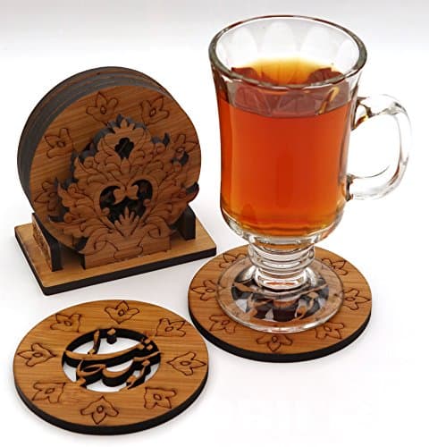 Collectable Bamboo Coasters Set of 6 Plus Decorative Hand-Assembled Holder Persian Calligraphy Design