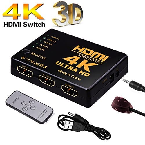 5 in 1 out HDMI Switch Splitter Intelligent 5-Port HDMI Switcher Supports 4K 3D Full HD1080p with Remote for Nintendo Switch, Xbox, Roku 3, Apple TV, HD TV, PS3 PS4 (Black)
