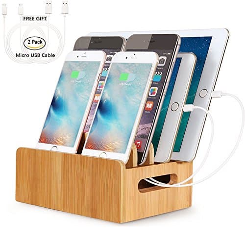 Bamboo Charging Docking Station 4 Port Desk Cable Organizer for Multiple Devices Desktop Phone Stand Holder Mount Compatible with iPhone 11 Pro Max XS XR X Max 8plus Samsung S10 S9 Google Pixel LG iPa