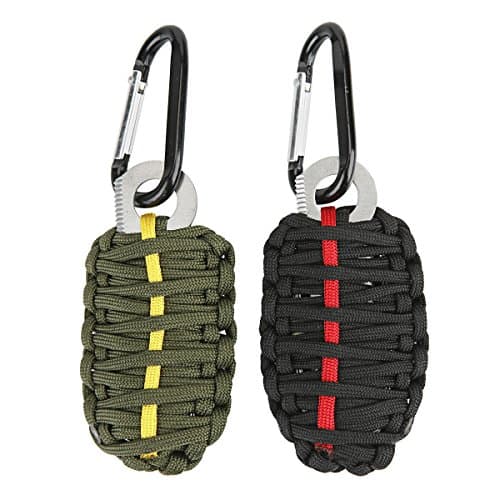 Technano Compact Survival Kit - Paracord GRENADE Emergency Key Chain -14pcs Including Fire Starter and Eye Knife (2 pack) (Black/Green)