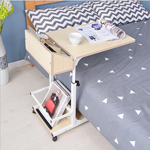 Overbed Table Adjustable C Table Portable Computer Laptop Stand Desk - Modern Sofa table With Wheels Mobile Side Table for Living Room Bedroom With Mini Sofa Cabinet Side Storage Table White