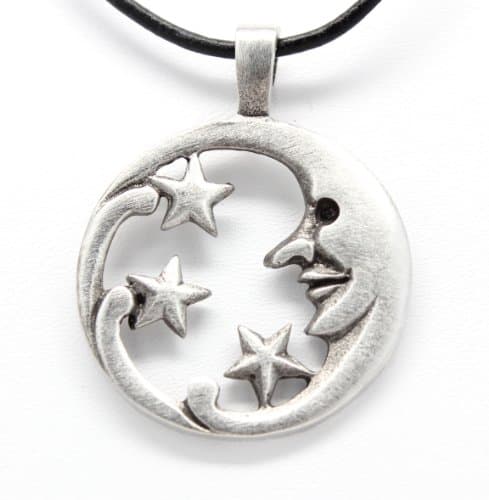 Pewter Moon Face with Stars Celestial Lunar Solar Pendant, Leather Necklace