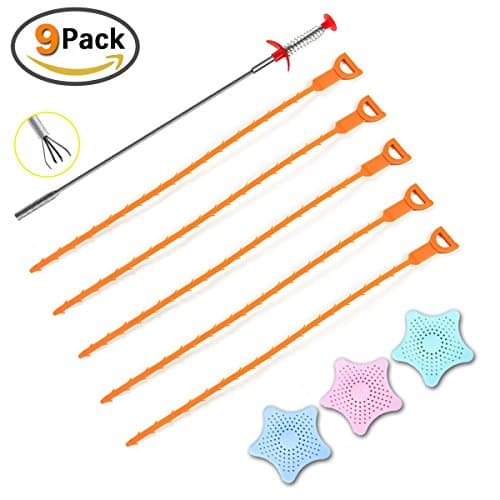 Kitchen Tools Kit Miker 9 Pack Drain Cleaners Pipe Hair removal Sewer Tub Cleaning Snake Anti Clogging Floor Wig Removal Clogs Tools with Free Silicone Bathroom Drains Strainer