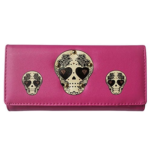 Cool Stylish Skull Pattern Purses Clutch Handbag for Women Long Wallet with Phone Pocket Cash Card Holder for Halloween (Rose red)