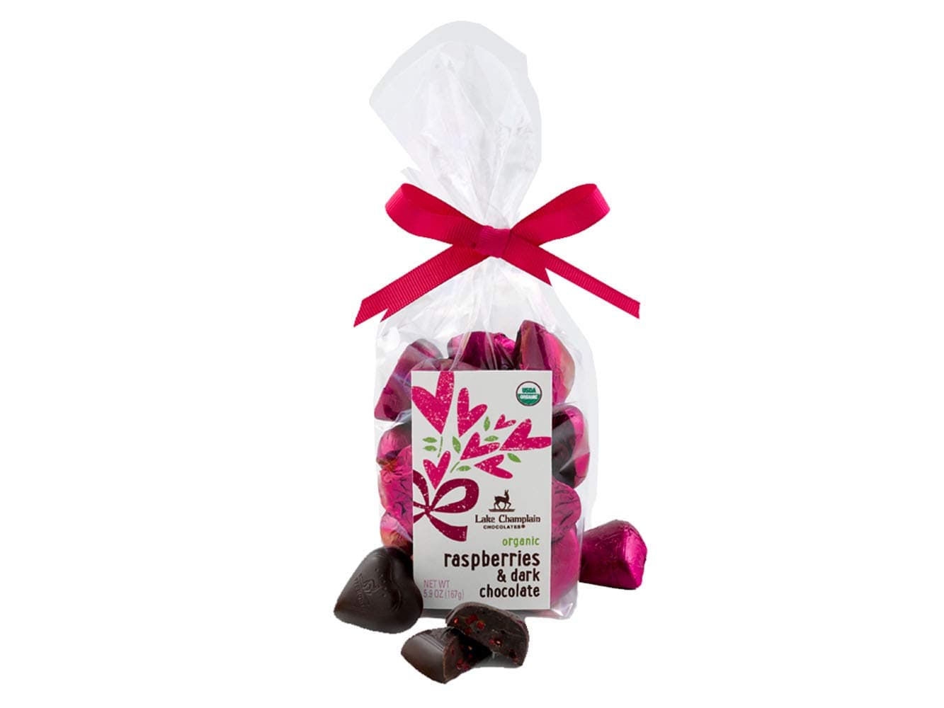 Lake Champlain Organic Raspberries & Dark Chocolate Hearts Gift Bag, 20 Pieces, 5.9 Ounces
