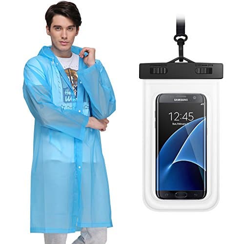 Poatable Raincoat Rain Poncho&Waterproof Cellphone Case, Reusable Unisex Adult Rainwear with Hoods, Long Sleeves, Drawstring, Durable EVA