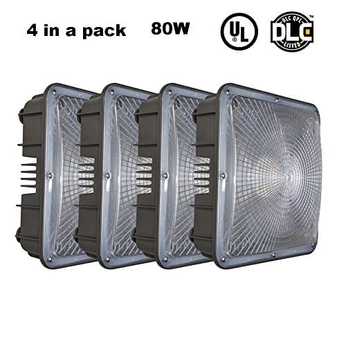 KCCCT 4 Pieces 80W Canopy LED Light Indoor Outdoor Replace HID 350W 5000K Daylight 8000Lumens Die Cast Aluminum Shell Waterproof IP65 Security Gas Station Warehouse Store Ceiling lamp Fixtures