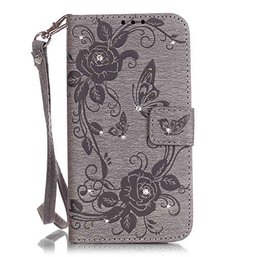 iPhone 7 Wallet Case,QFJ [ Wrist Strap ] Embossed [ Spot drilling ] Premium PU Leather Wallet [ Card Slots ] Flip Stand Case Cover for Apple iPhone 7 (4.7 inch) 2016 (Gray)