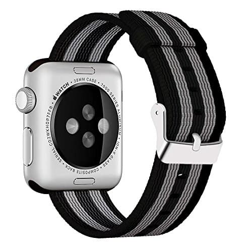 Yichan Woven Nylon Fabric Wrist Strap Replacement Band with Classic Square Stainless Steel Buckle for Apple iWatch Series 1 / 2 / 3,Sport &amp; Edition,38mm,Black Gray Stripes