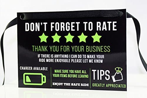 Uber Lyft Tip and Rating Sign for Rideshare Drivers
