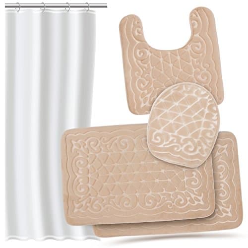 Effiliv 4 Piece Bathroom Rugs Set - Memory Foam Large Bath Rugs, Extra Soft Mats + Shower Liner, Beige