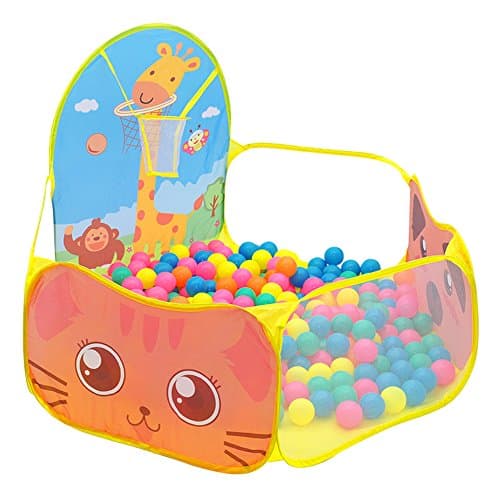 Foldable Pop Up Ocean Ball Pit Pool, Children's Paradise Forest Models Giraffe Bear Cartoon with Basketball Hoop for Indoor or Outdoor Use a Carrying Case (Yellow)