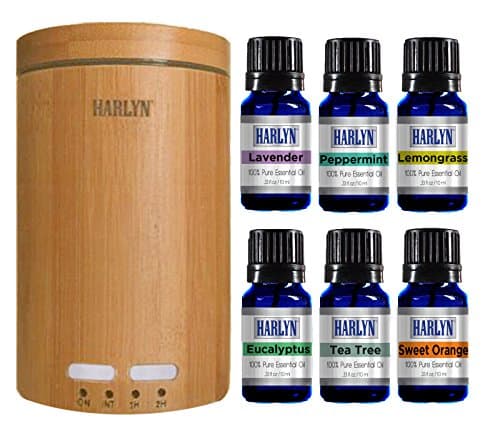 Harlyn Ultrasonic Real Bamboo Aromatherapy Essential Oil &amp; Diffuser Set - 6 Oil Set - Lavender, Eucalyptus, Tea Tree, Peppermint, Lemongrass &amp; Orange - 7 LED Lights - Waterless Auto-shutoff &amp; Timer