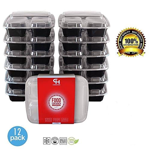 ContainersHub- Bento Box Tupperware Divided Storage Containers with Lids/ Rectangular Microwavable To Go Boxes/ Reusable and Convenient/ Dishwasher Safe/ 12 Stackable Trays with No-Spill Covers