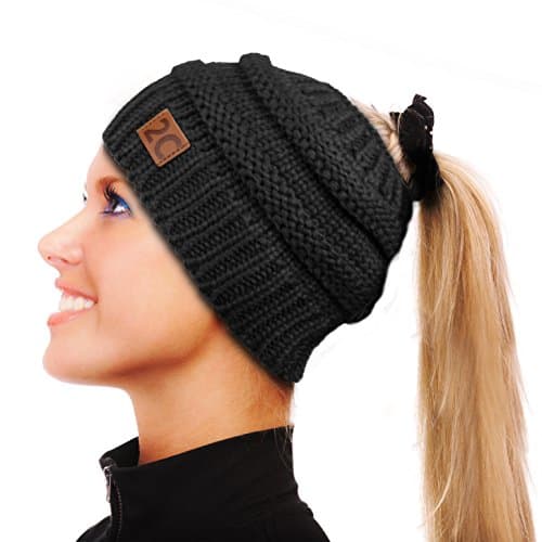 C2 Black Messy Bun Beanie Stretchy Cable Knit Hat Soft Warm Winter Cap (Black)