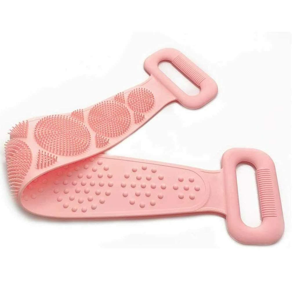Silicone back scrub,Bath Shower Silicone Body Brush Double Side Exfoliating Belt Back Scrubber Belt Wash Clean Dead Skin Remover Tool (Pink)