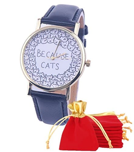 1778 – [Because Cats Black] Women's Wrist Watch with Adjustable Strap – 6 Holes – Quartz – In Bag Velvety Red and Gold – Perfect Gift