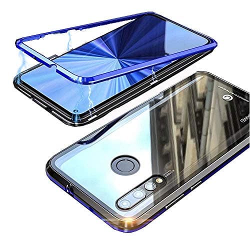 Funit Magnet Adsorption Case for Huawei Nova 4 Metal Frame+Clear 9H Glass Back Hard Cover Hybrid Case Ultra Slim Fitting Anti-Scratch Support Wireless Charging Huawei Nova 4 Cover (Black Blue)