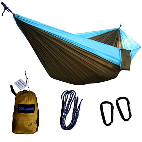 Xiyoyo Camping Hammock Parachute Nylon Single Hammock with Tree Straps&Carabiners 441lb Capacity 108x 55 inch Garden Easy Hanging Gear For Backpacking Survival, Travel (Sky Blue/Brown)