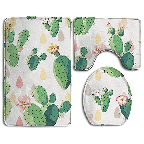 3 Piece Bath Non-Slip Cacti Set Flannel Lid Bath Mat, Contour & Seat Cover Absorbent Bathroom Mat Set With Lantax Backing
