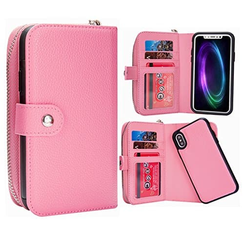 iPhone X Wallet Case, HYSJY Magnetic Detachable Flip Leather Case Purse With Card Holder Slots Wristlet Strap Zip Pocket Removable Slim Back Cover for iPhoneX (Pink)