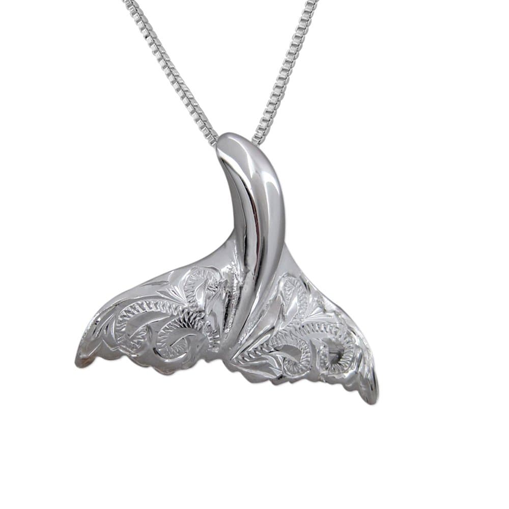 Sterling Silver Engraved Whale Tail Pendant Necklace, 16+2" Extender
