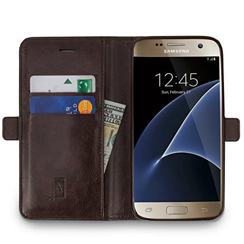 Samsung Galaxy S7 Wallet Case by ALEYNA, Real Genuine Leather, Luxury Business Wallet Case with Kickstand, Gift Box - Brown