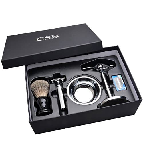 CSB Shaving Brush 5pcs Men Gift Set Double Edge Razor & Blades,Black Handle Pure Badger Brush,Chrome Stand & Bowl in Gift Box