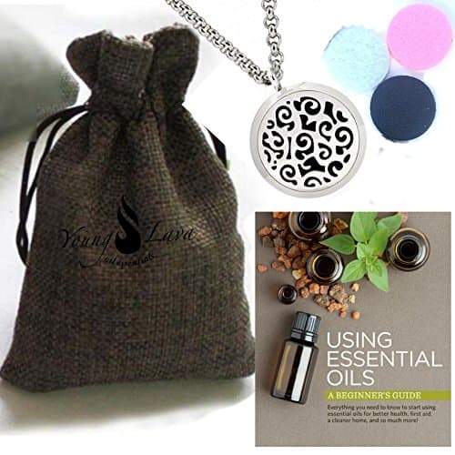 Young Lava Aromatherapy Essential Oil Diffuser Necklace - Perfect Gift Set - Jewelry Hypo-Allergenic 316L Surgical Grade Stainless Steel Locket Pendant +WASHABLE Oil Pads +POCKET BOOK for USING OILS