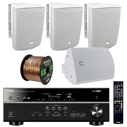 Yamaha RX-V577 - 7.2-Channel Home Theater Bluetooth USB Receiver with Wi-Fi &amp; Apple AirPlay Bundle Combo With 4x Dual Indoor/Outdoor 125W 3-Way 5-1/4" White Box Speakers + Enrock 50Ft 16g Speaker Wire