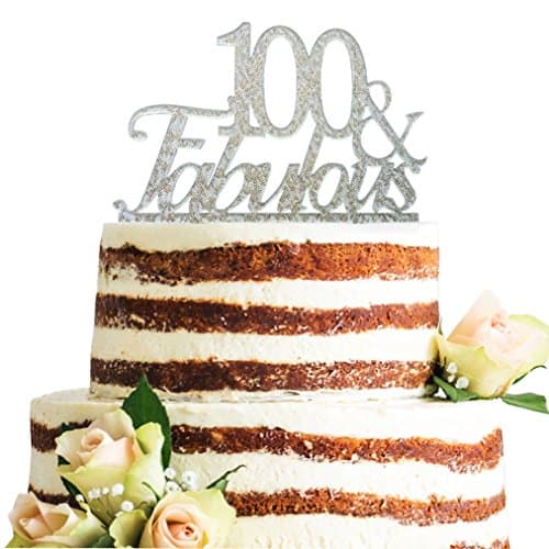 Glitter Silver Acrylic 100 & Fabulous Cake Topper, 100th Birthday Party Cupcake Topper Decoration (100, Silver)