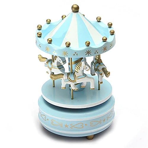 New "Light Blue 1Pc " Wooden + Plastic Merry-Go-Round Carousel Music Box Christmas Birthday Gift Toy Set32