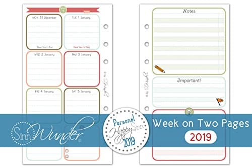SinnWunder 2019 Premium Quality Calendar Refill/Inserts 1 Week / 2 Pages HappySinn (Personal Size)