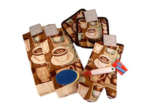 Kitchen Gift Set - Mocha Latte Cappuccino Coffee Shop - Bundle of 5 Items: 2 Dish Towels, Oven Mitt, Set of 2 Pot Holders, and Brillo Soap Dispensing Scrub Brush