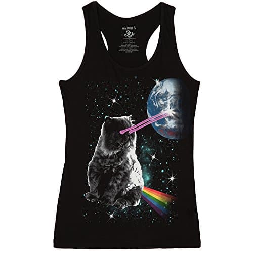Space Cat Laser Eyes Juniors Tank Top-Black (Medium)