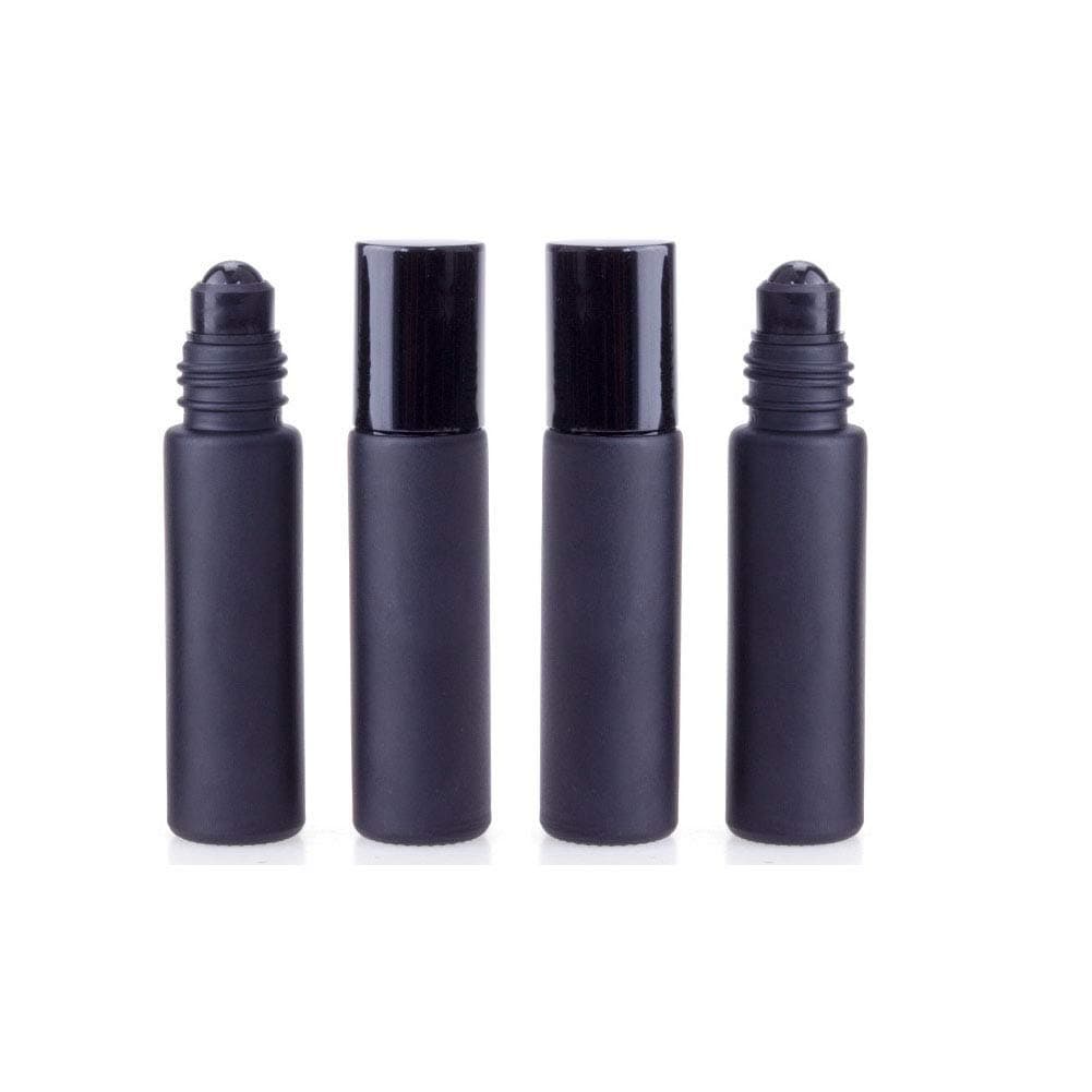 ConStore 4 PCS Gemstone Essential Oil Roller Bottles,10ml Empty Refillable Leakproof Glass Roll On Bottles with Black Obsidian Roller Ball (Matte Black)