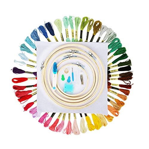 FunHoo Embroidery Starter Kit Including 5 Plastic/Bamboo Hoops, 50 Color Threads, Reserve Aida, Cross Stitch Sewing Tool Set for Beginners (Bamboo Hoops)