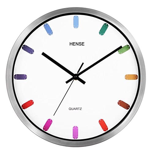 HENSE Modern Non Ticking Silent Quartz Analog Wall Clock 12-inch Simple Concise Metal Frame Round Wall Clock with Multicolored Hour Track Scales HW58 (Silver)