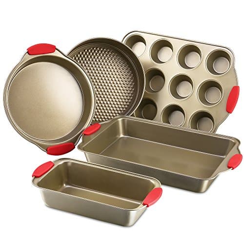 Bakeware Nonstick Baking Pans Set of 5 by Kitchen Komforts. Includes Baking Pan, Loaf Pan, Springform Cake Pan, Muffin Pan, Pizza Pan, with Red Silicone Handle Grips