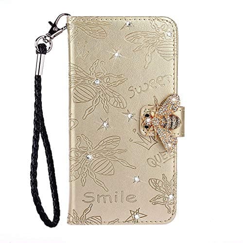 Veapero iPhone X Case,PU Leather Diamond Bee Embossed Flip Wallet Cover with TPU ShockProof Card Slots Magnetic Closure Stand Function Folio Flip Notebook Case Cover,Gold