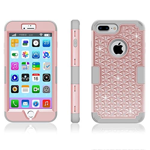 iPhone 7 plus Case, Awinning[Diamond Series]Hybrid Studded Rhinestone Crystal Bling Rubber Defender Plastic Rugged Slim Protective Cover Shell for Apple iPhone 7 plus - 5.5 inch (Rose gold+Grey)