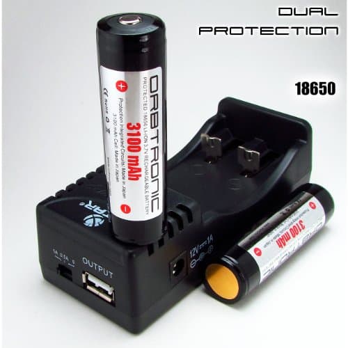 Two 18650 PROTECTED Orbtronic Li-ion (Panasonic inside) 3.7V Batteries & Battery Charger Kit for high performance Flashlights