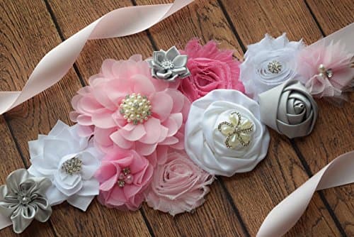 Flower Sash, pink grey white Sash , flower Belt, maternity sash, wedding sash, baby shower sash
