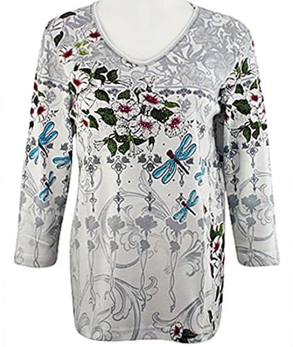 Cactus Bay Apparel Spring Garden, 3/4 Sleeve, V-Neck, Rhinestone Cotton Top