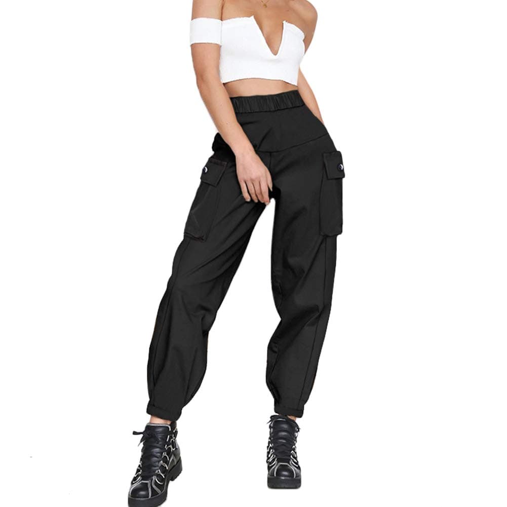 Women's Cargo Pants, Casual Outdoor Solid Color Elastic High Waisted Baggy Jogger Workout Pants with Pockets