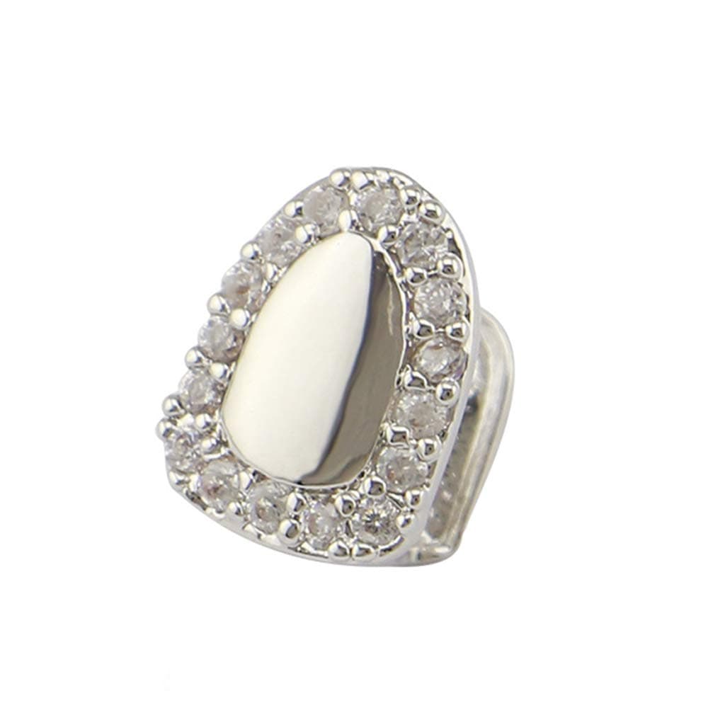 Never give up Single Rhinestone Cap Grill Plated Bling Tooth For Men/Women Gifts (Color : Silver)
