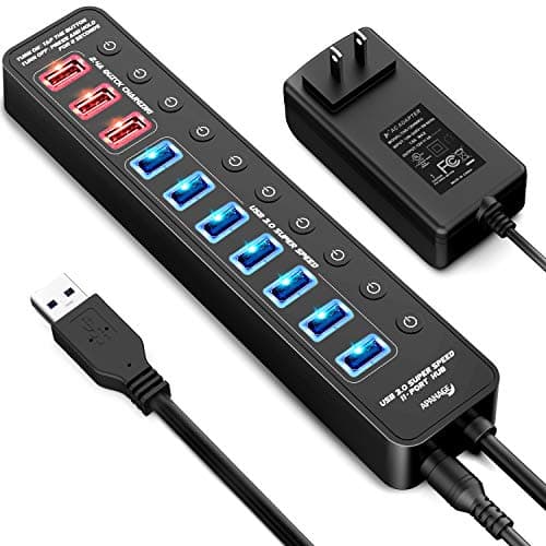 Powered USB Hub Splitter, APANAGE 11 Ports High Speed USB 3.0 Hub(7 Ports USB Data + 4 Smart Charging Ports) with 48W Power Adapter and Individual On/Off Switches for MacBook, Surface Laptop, PC, HDD