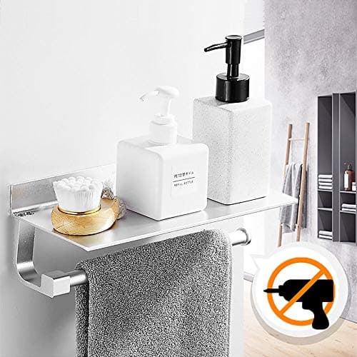 Kitchen Roll Holder Dispenser Paper Towel Holder No Drilling, Wall Mount Self-Adhesive Tissue Roll Hanger with Shelf, Patented Glue 3M/Screw Mounted, Aluminum, Polished Silver